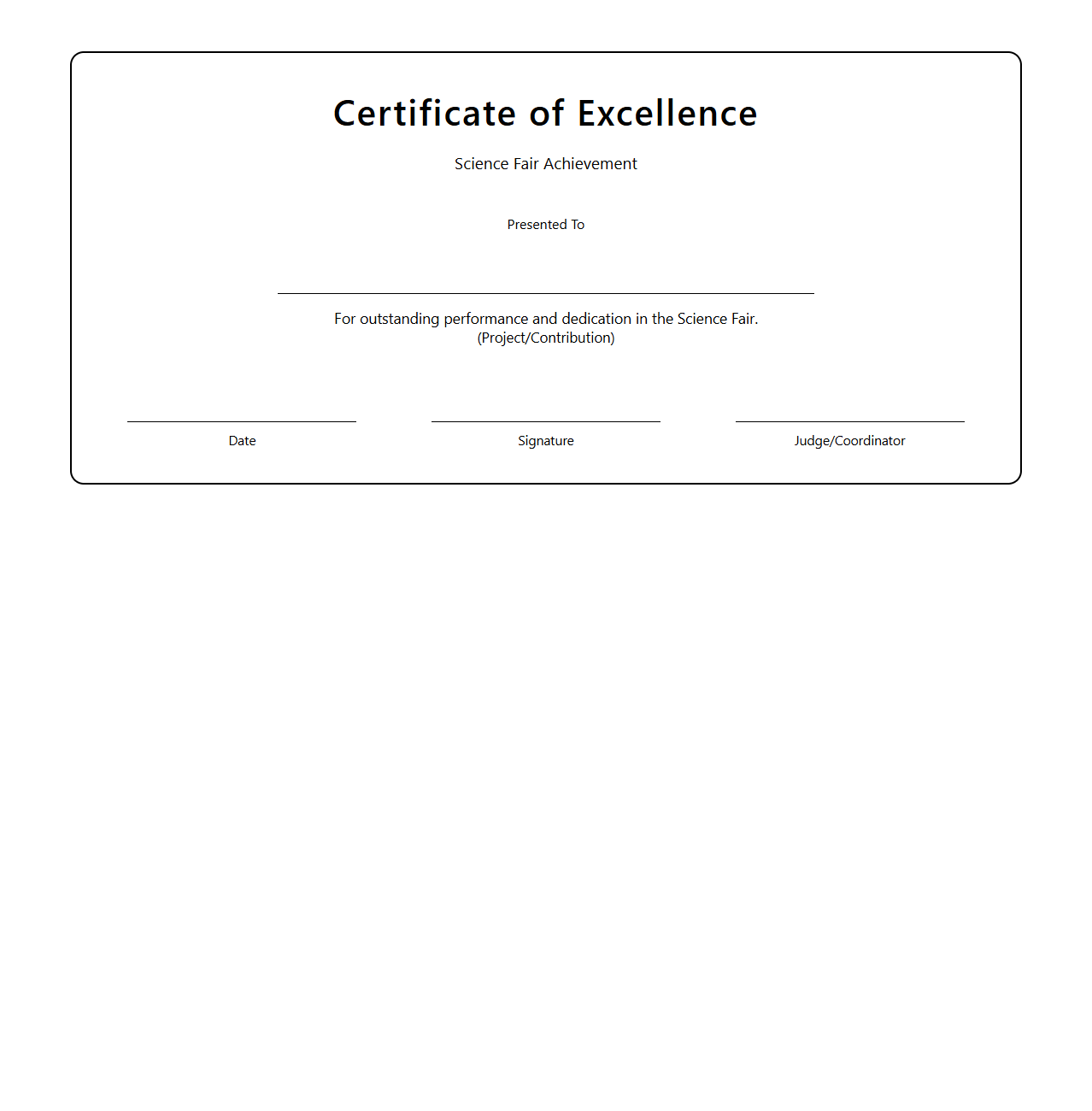 Blank Excellence Certificate Template for Science Fairs