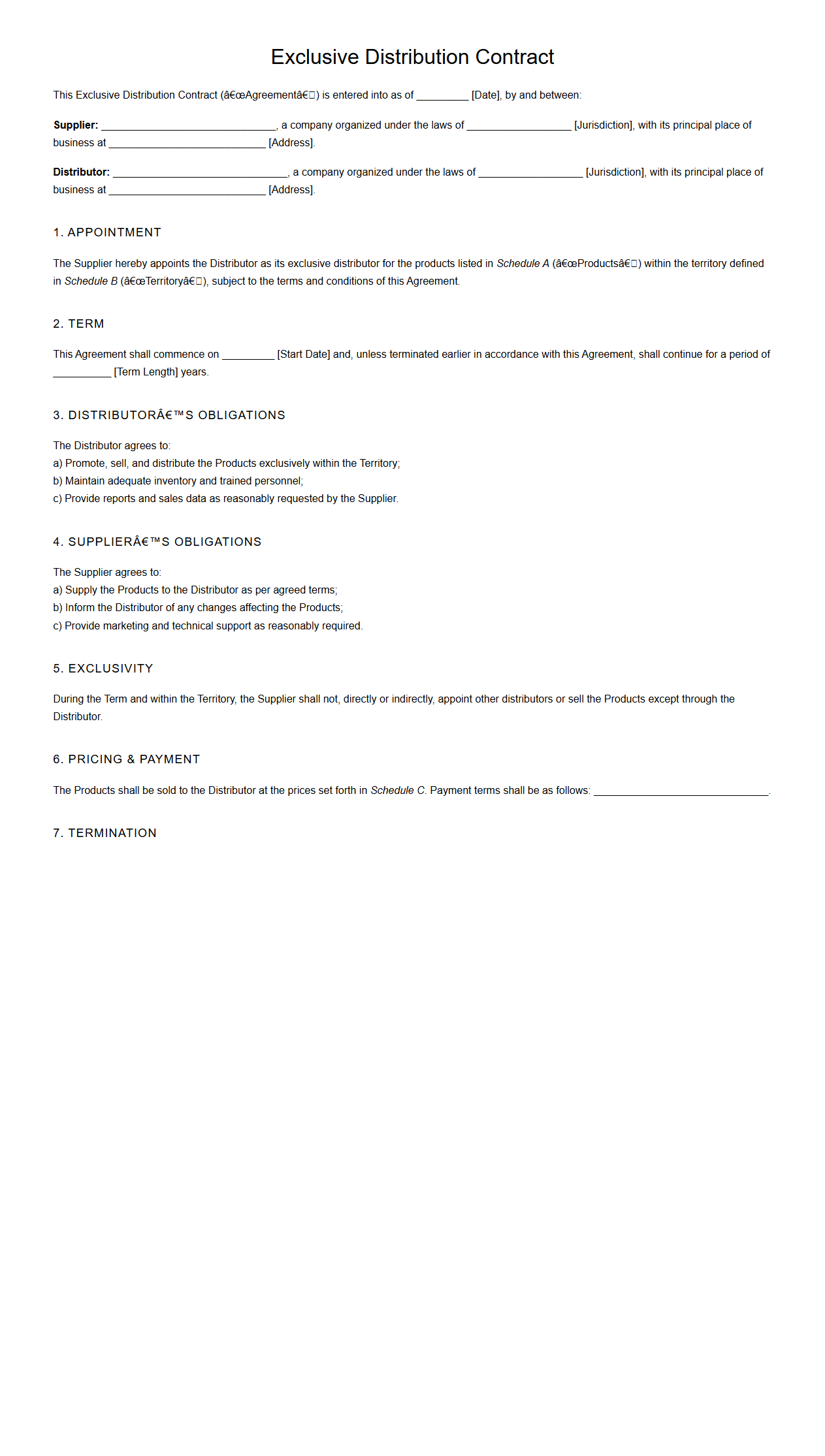 Blank Exclusive Distribution Contract for Products