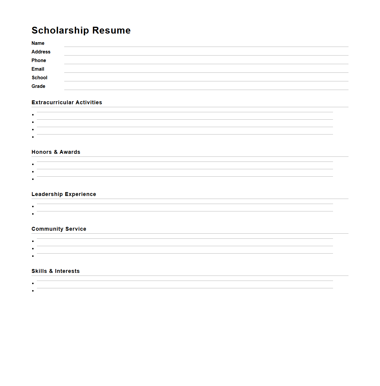 Blank Extracurricular-Focused High School Scholarship Resume