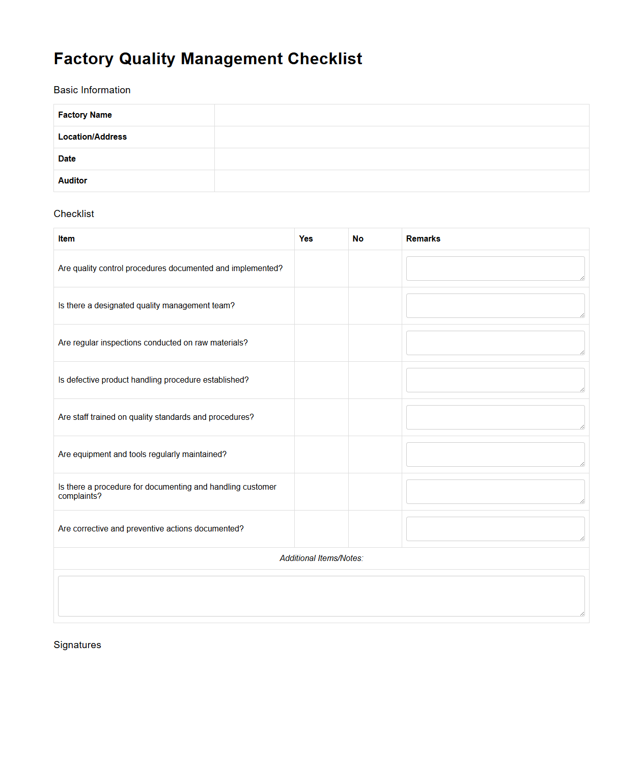 Blank Factory Quality Management Checklist Template