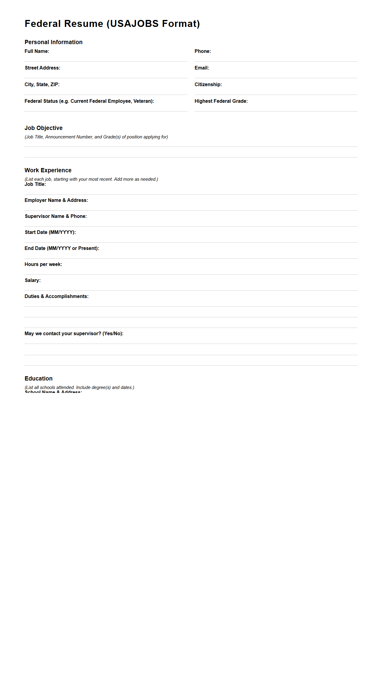 Blank Federal Resume Format for USAJOBS Applications