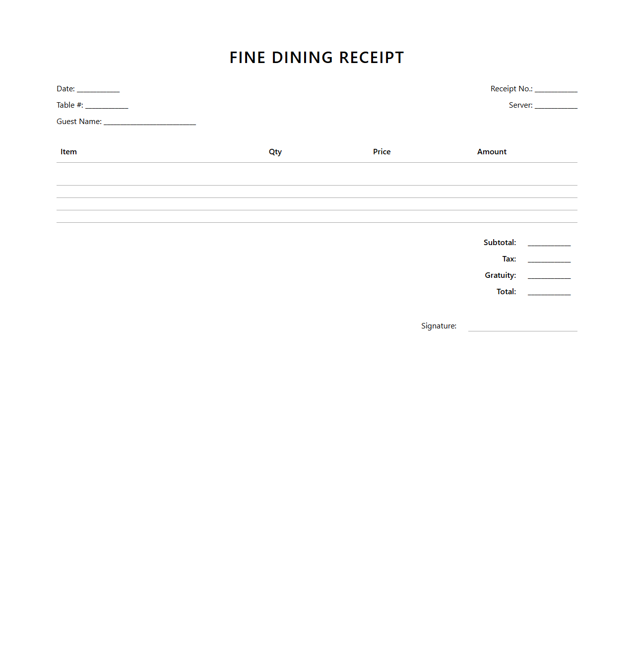 Blank Fine Dining Receipt Template