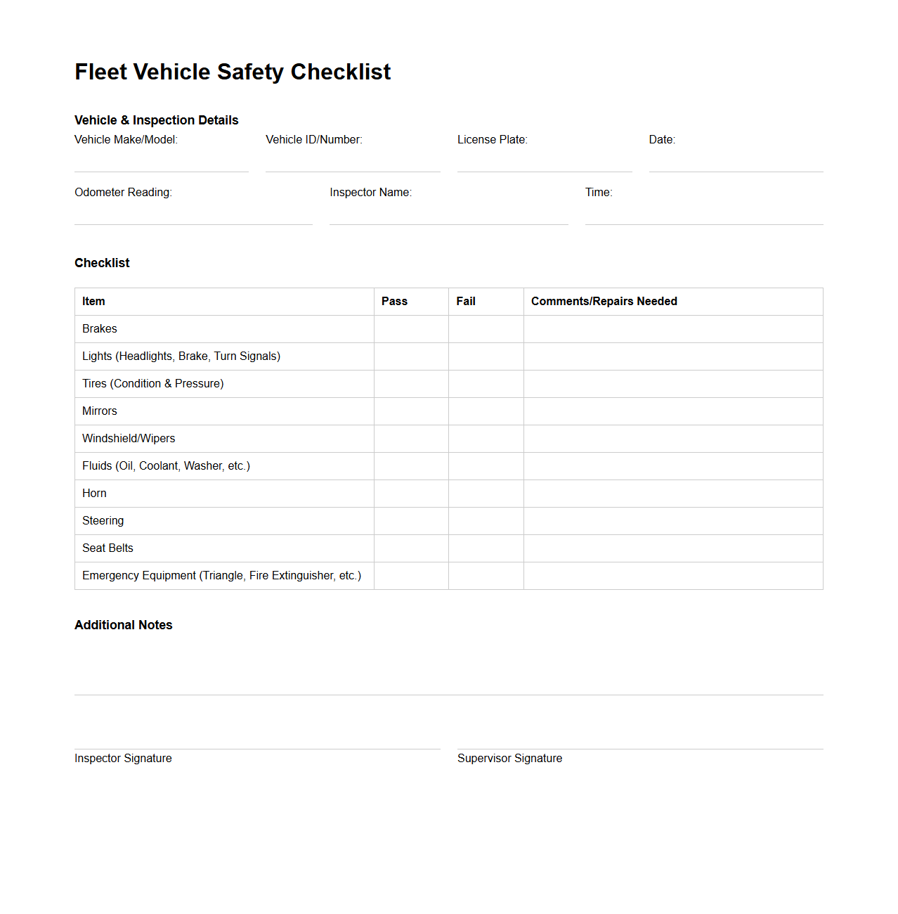 Blank Fleet Vehicle Safety Checklist Template