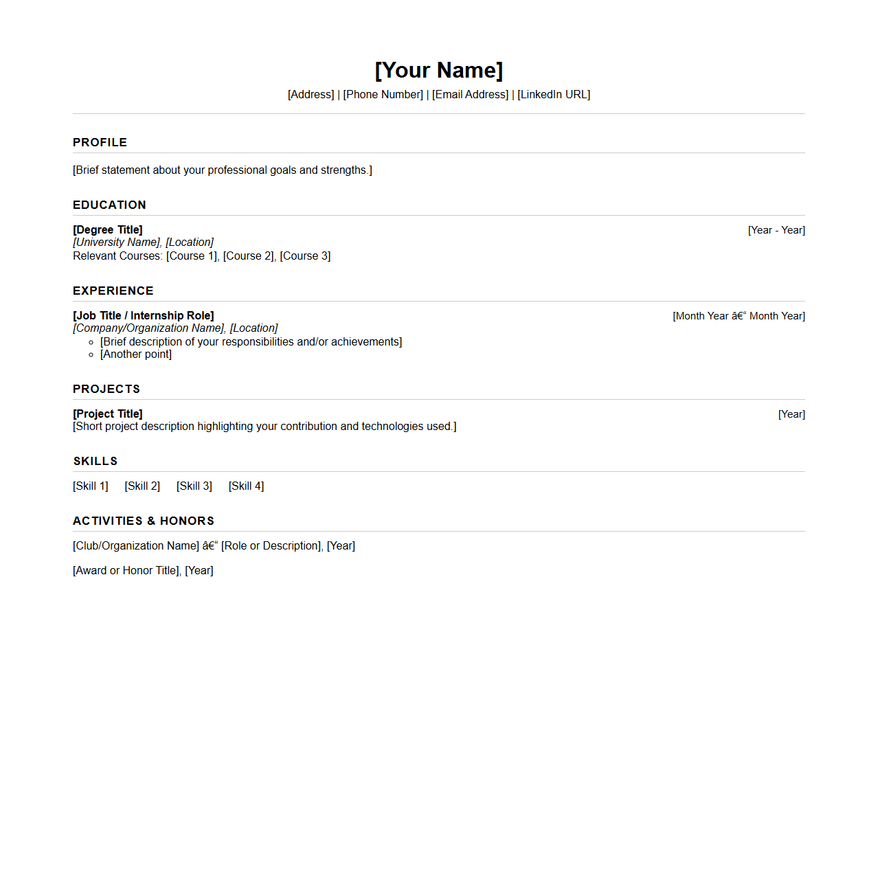 Blank Graduate Resume Template for New University Graduates