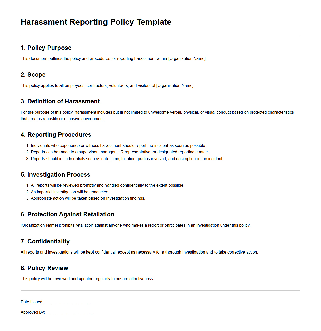 Blank Harassment Reporting Policy Template