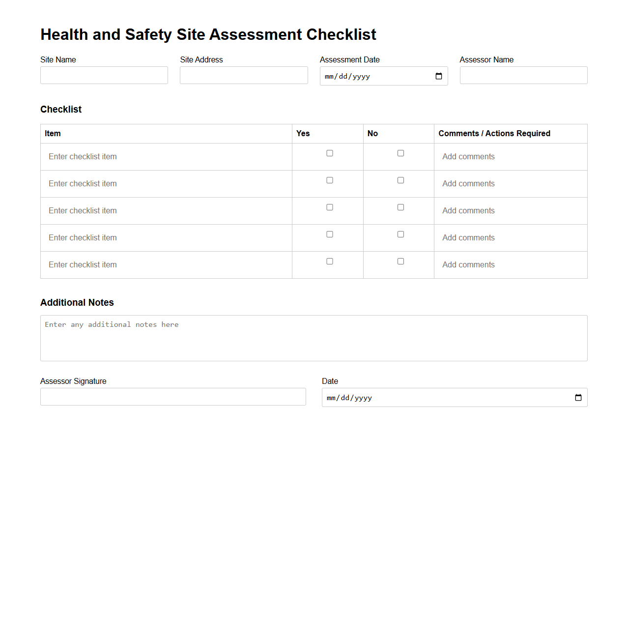 Blank Health and Safety Site Assessment Checklist