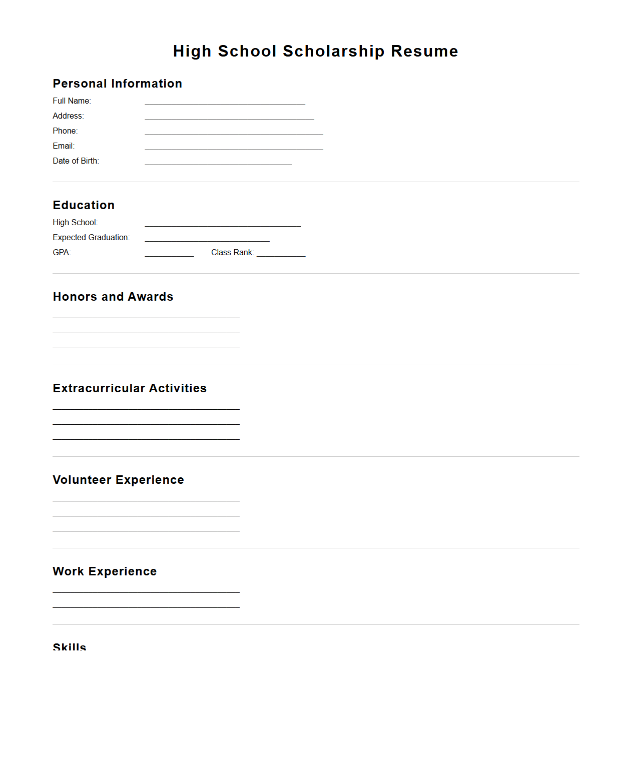 Blank High School Scholarship Resume Format