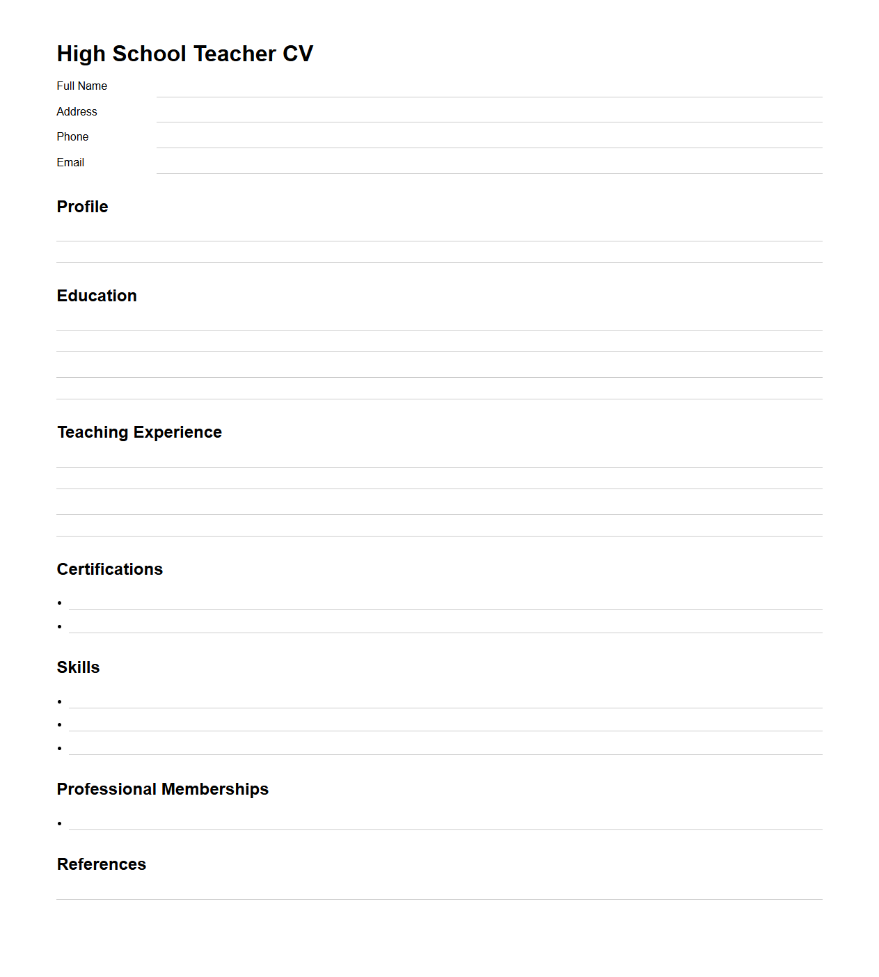Blank High School Teacher CV Template