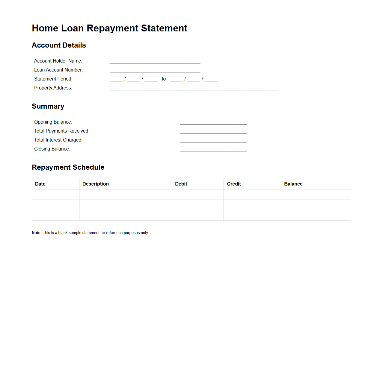 Blank Home Loan Repayment Statement