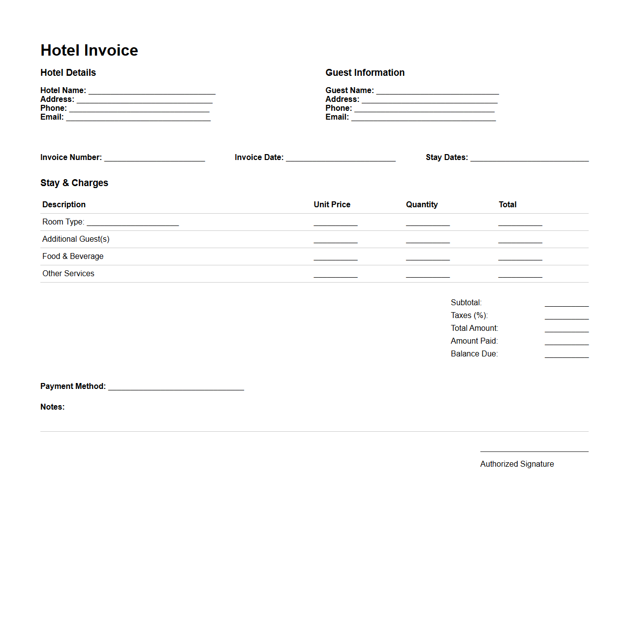 Blank Hotel Invoice Template for Guest Stays