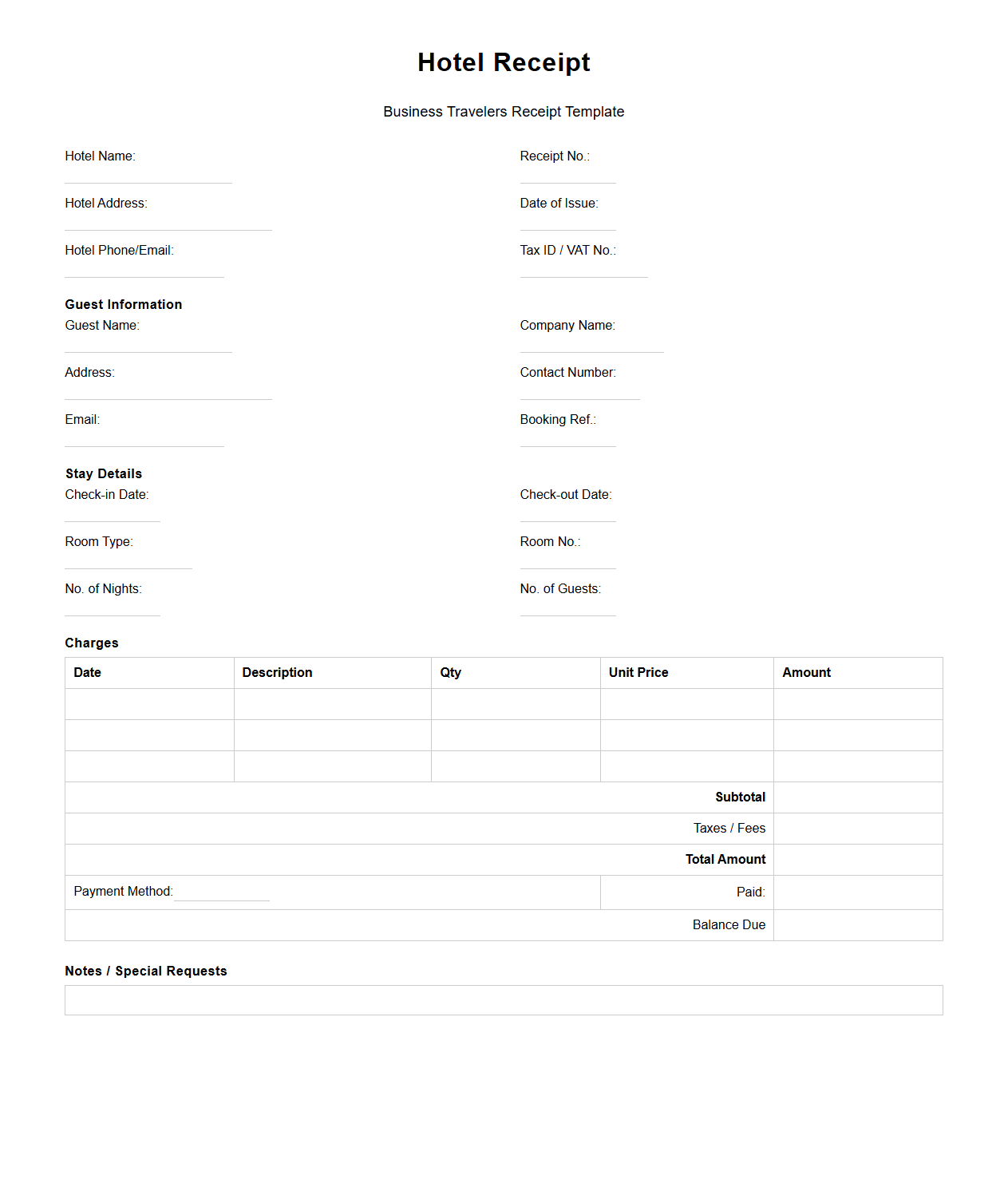Blank Hotel Receipt Template for Business Travelers