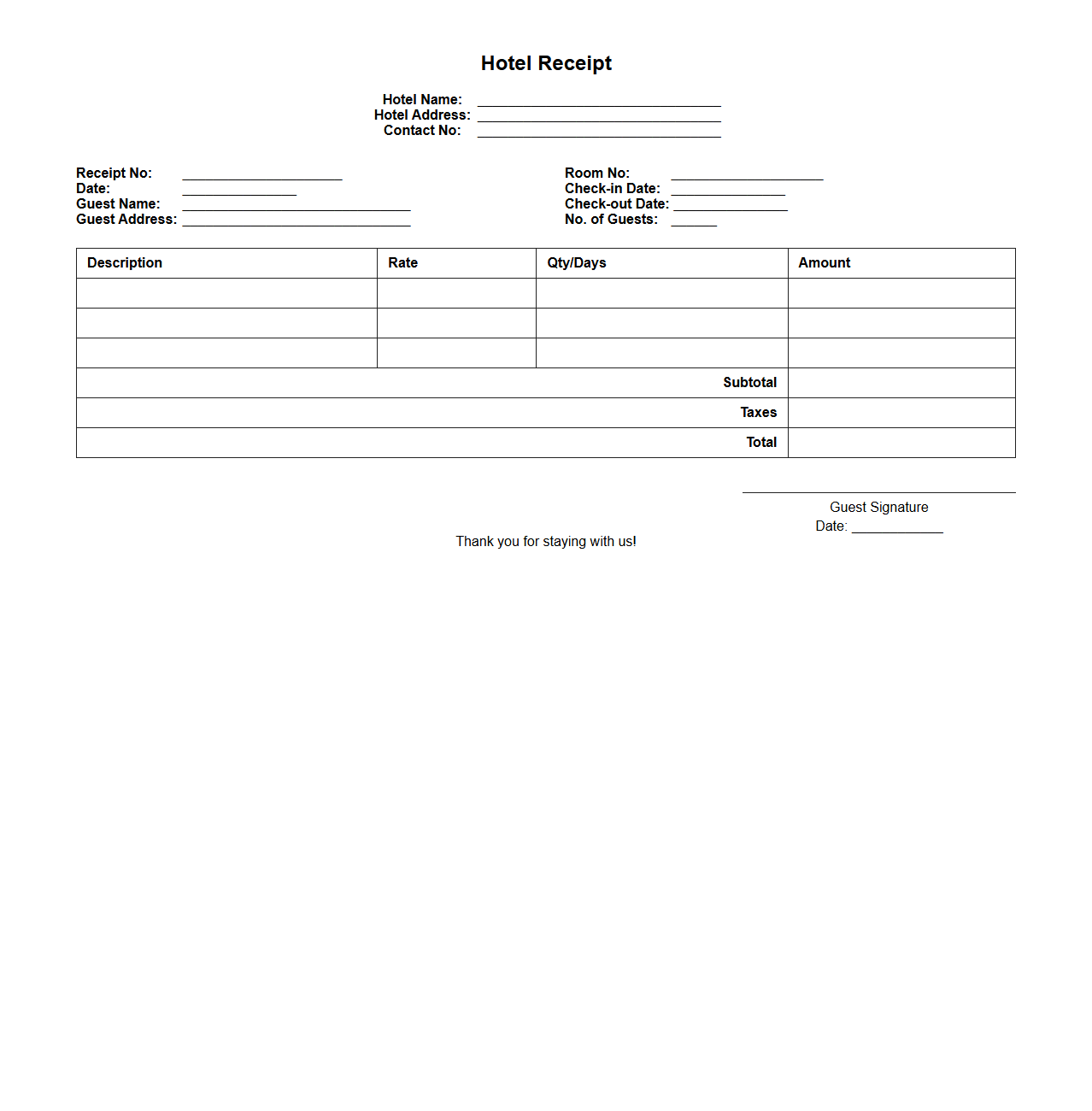 Blank Hotel Receipt Template with Guest Signature