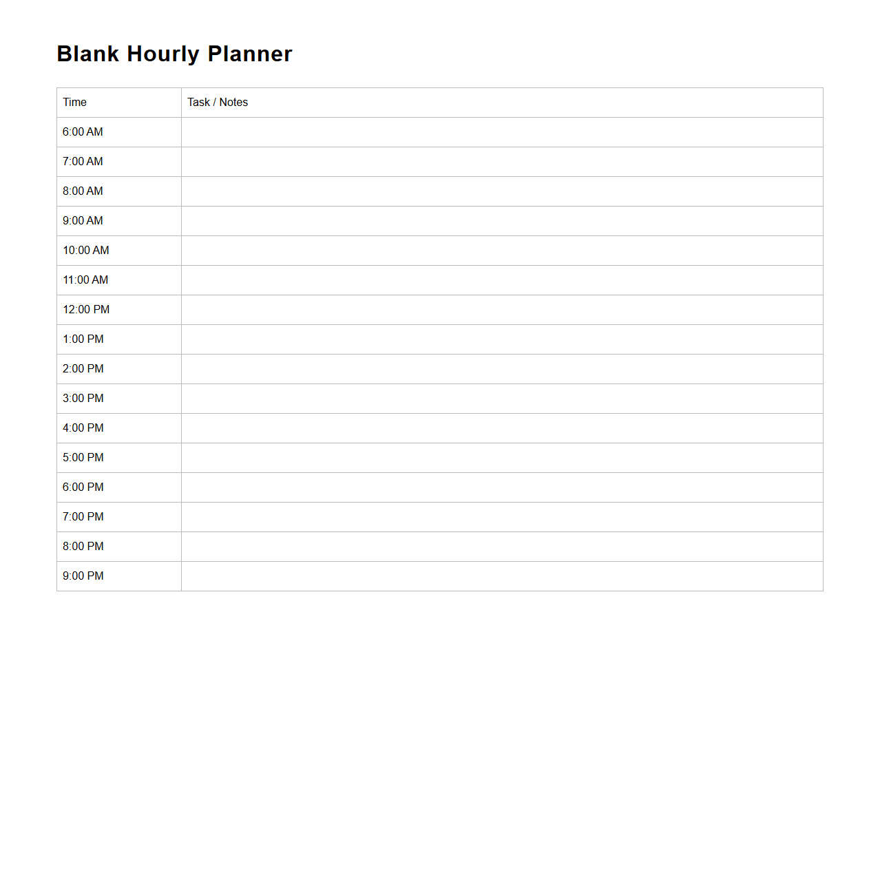 Blank Hourly Planner Template for Daily Organization