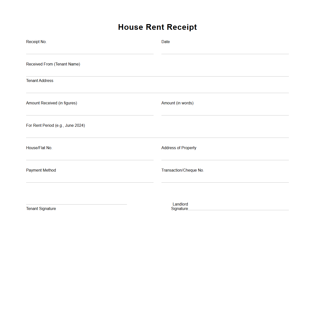 Blank House Rent Receipt Template for Landlords