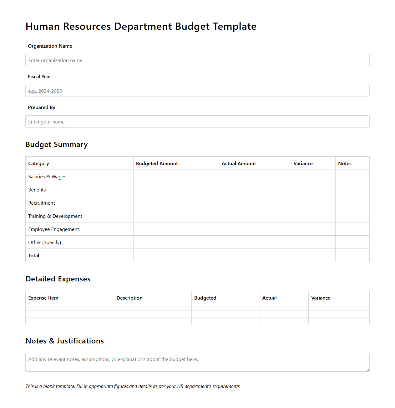 Blank Human Resources Department Budget Template for Organizations