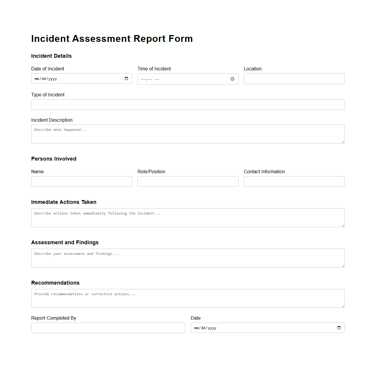 Blank Incident Assessment Report Form