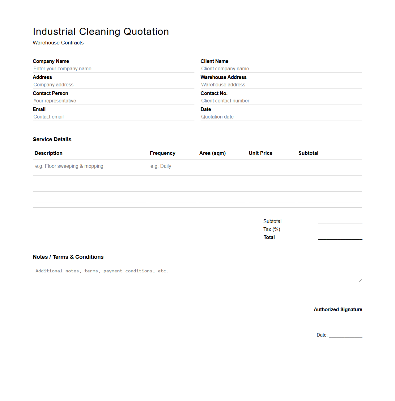Blank Industrial Cleaning Quotation Template for Warehouse Contracts