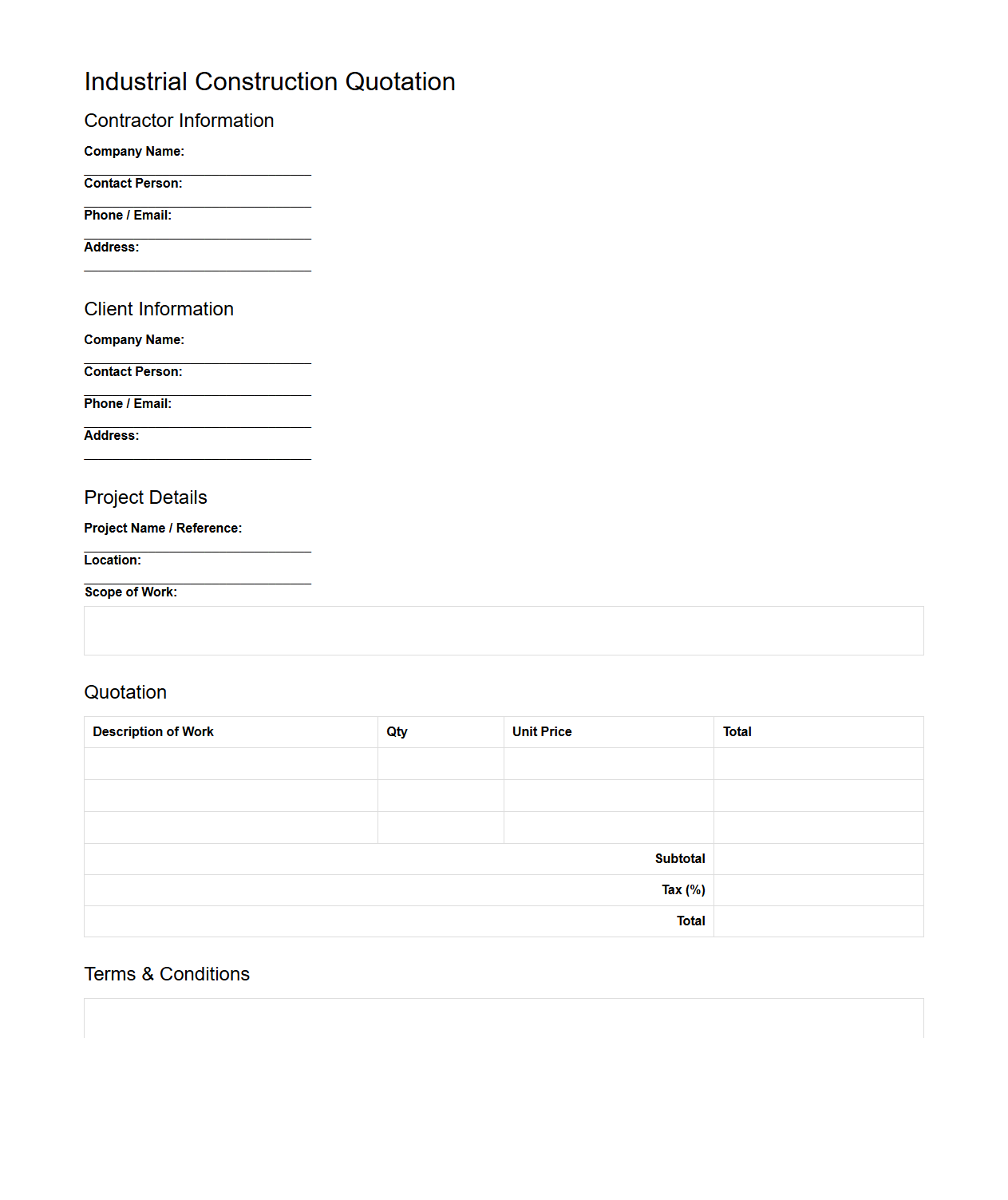 Blank Industrial Construction Quotation Template