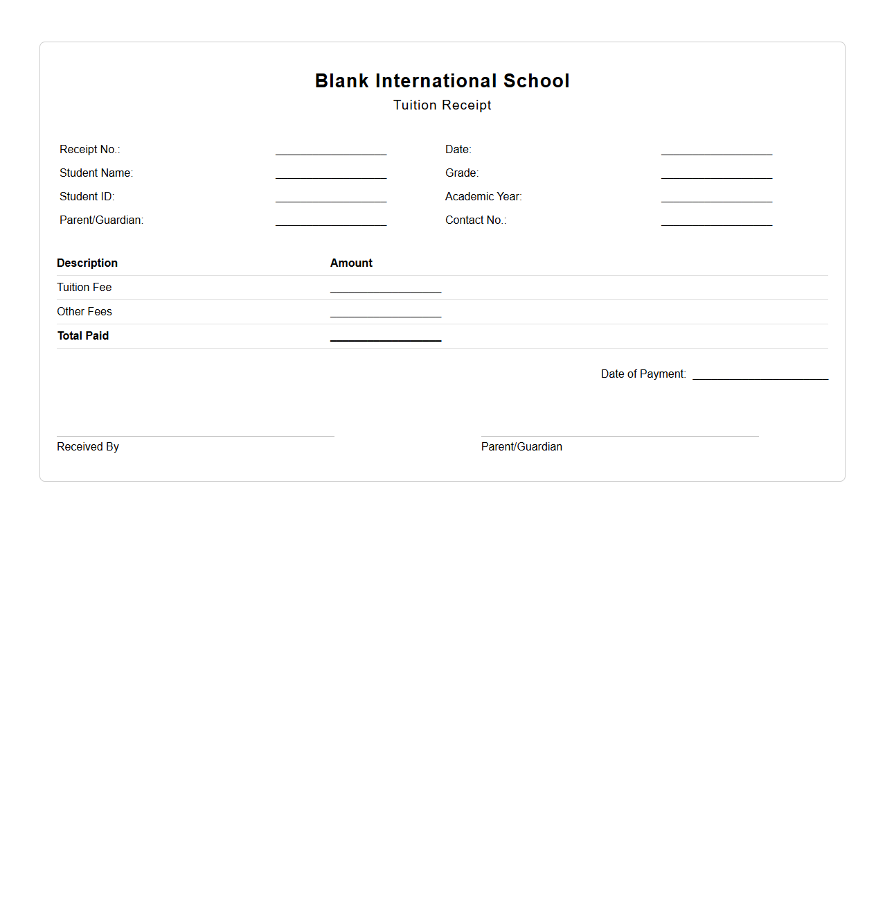 Blank International School Tuition Receipt Sample
