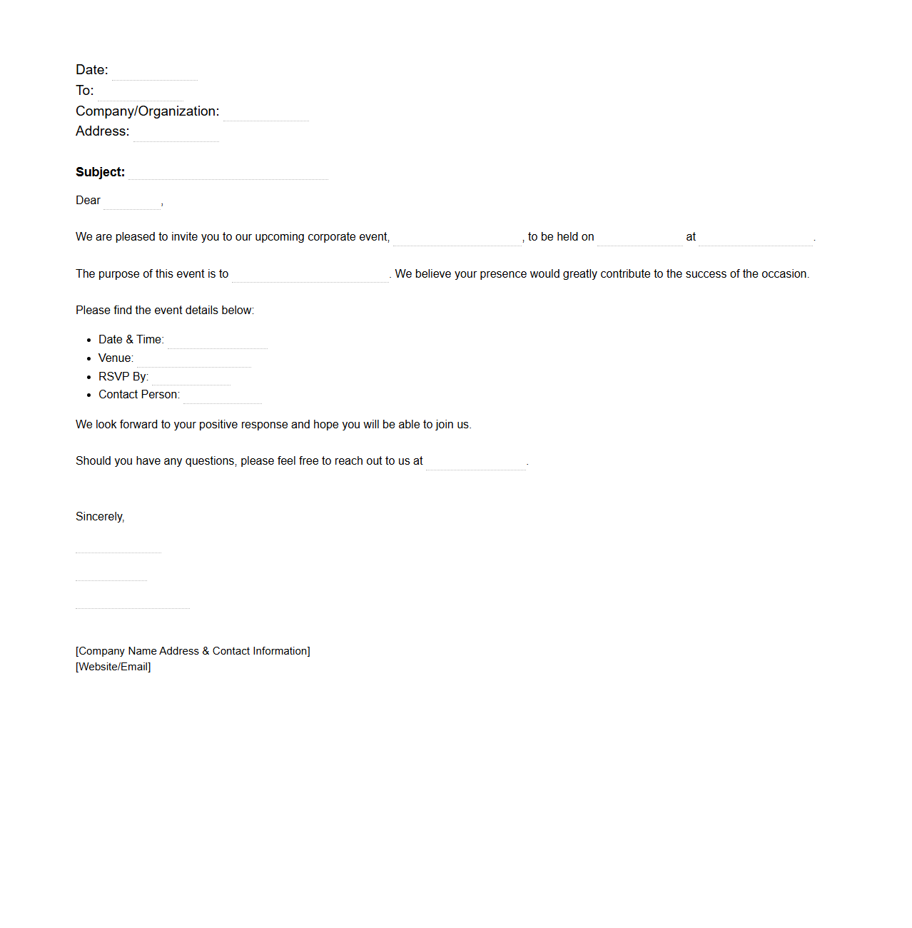 Blank Invitation Letter Template for Corporate Event Coordination