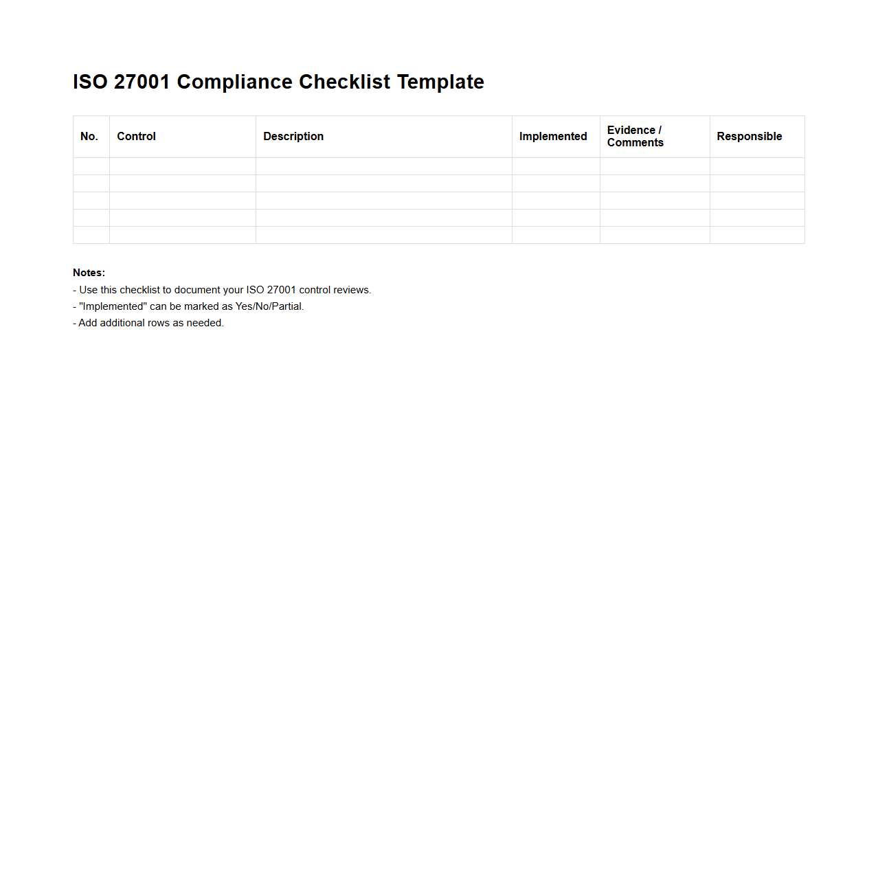 Blank ISO 27001 Compliance Checklist Template