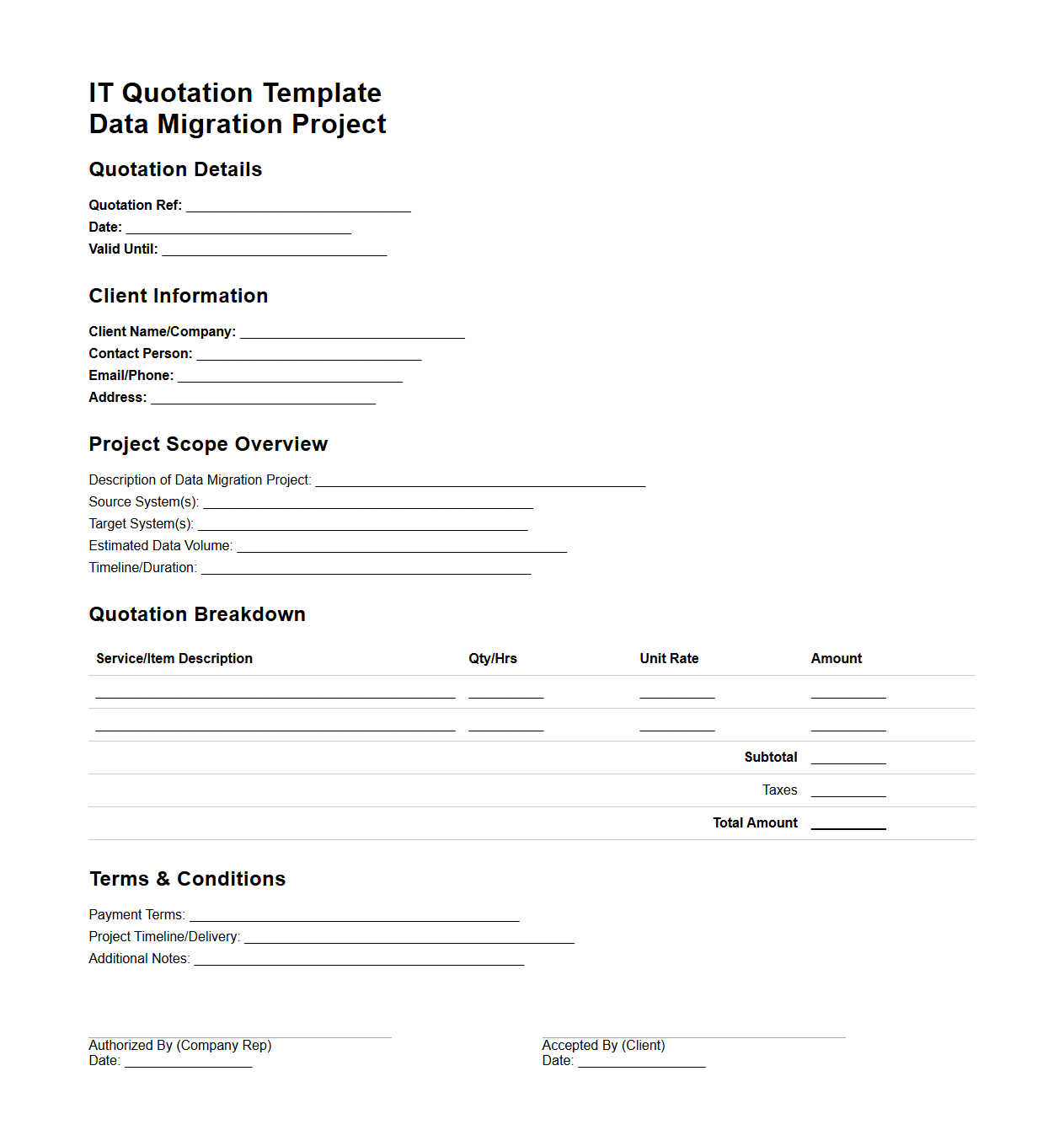 Blank IT Quotation Template for Data Migration Projects