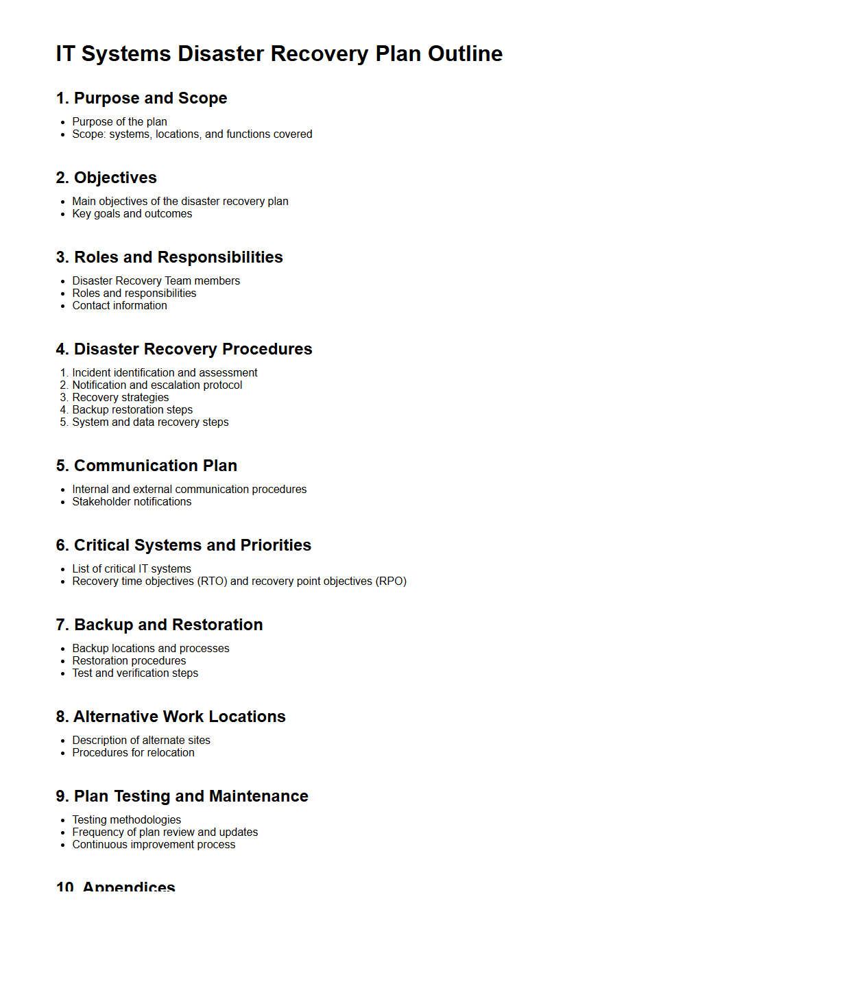 Blank IT Systems Disaster Recovery Plan Outline