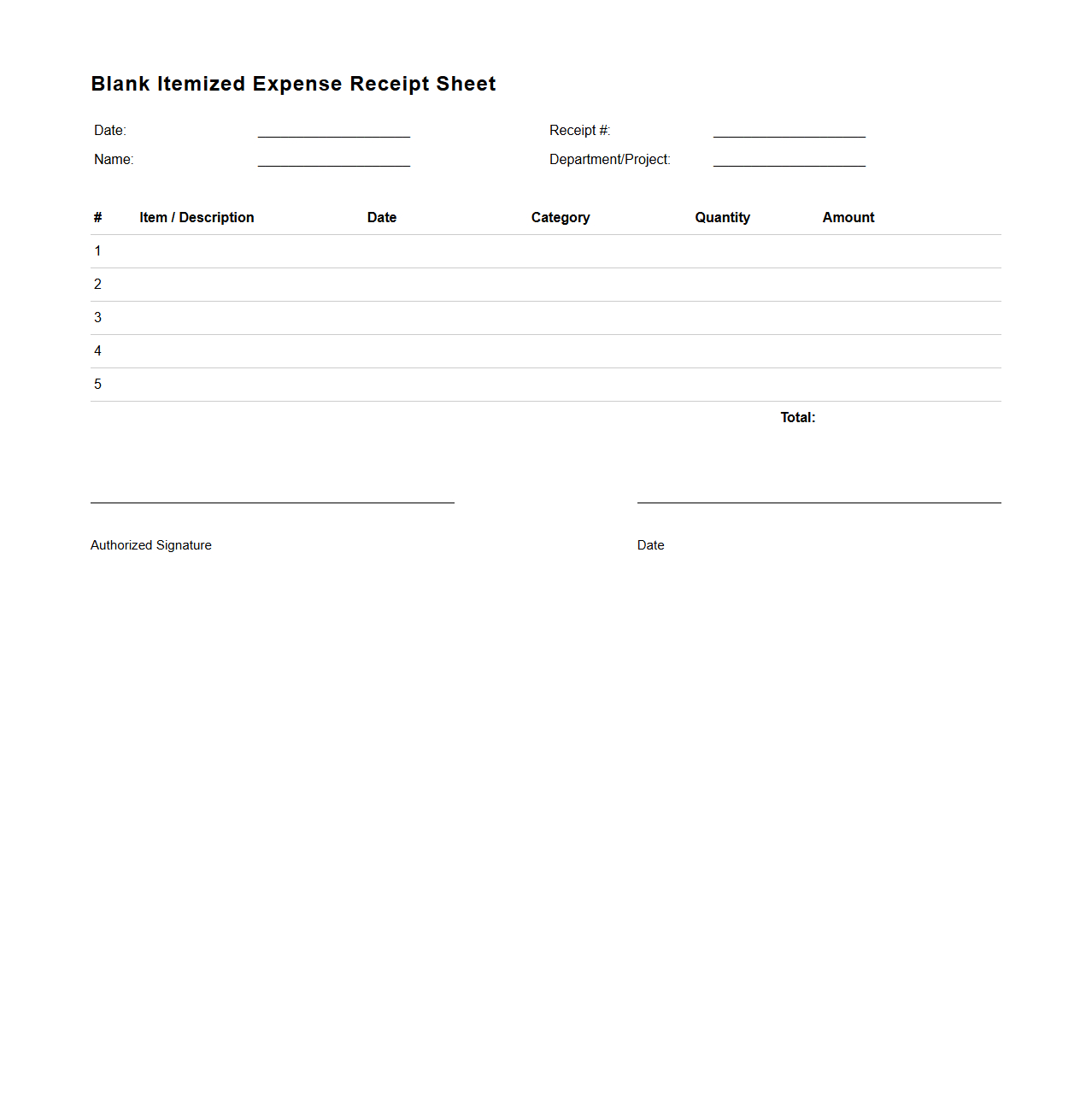 Blank Itemized Expense Receipt Sheet