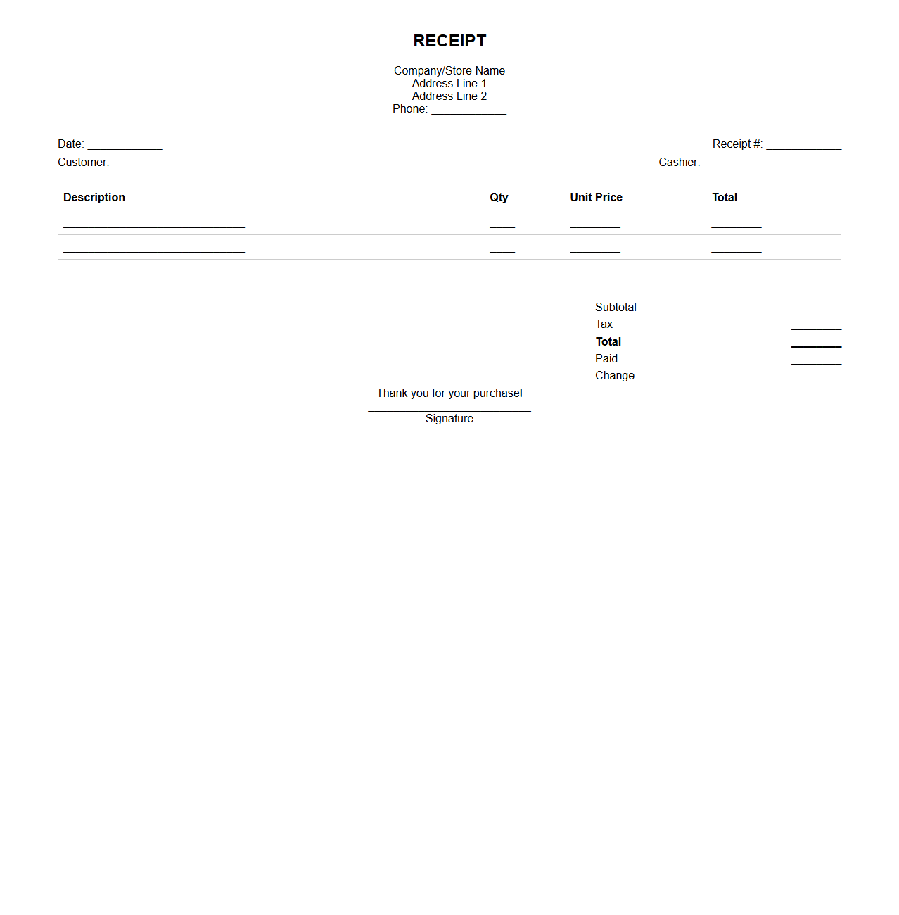 Blank Itemized Transaction Receipt Template