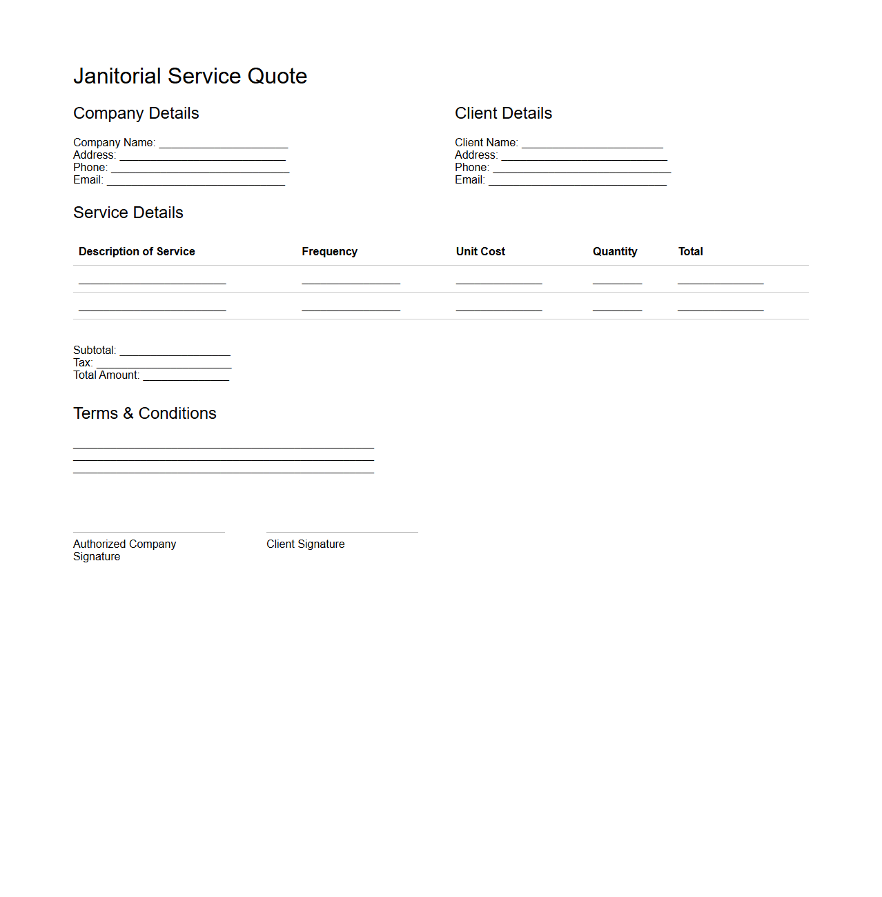 Blank Janitorial Service Quote Template