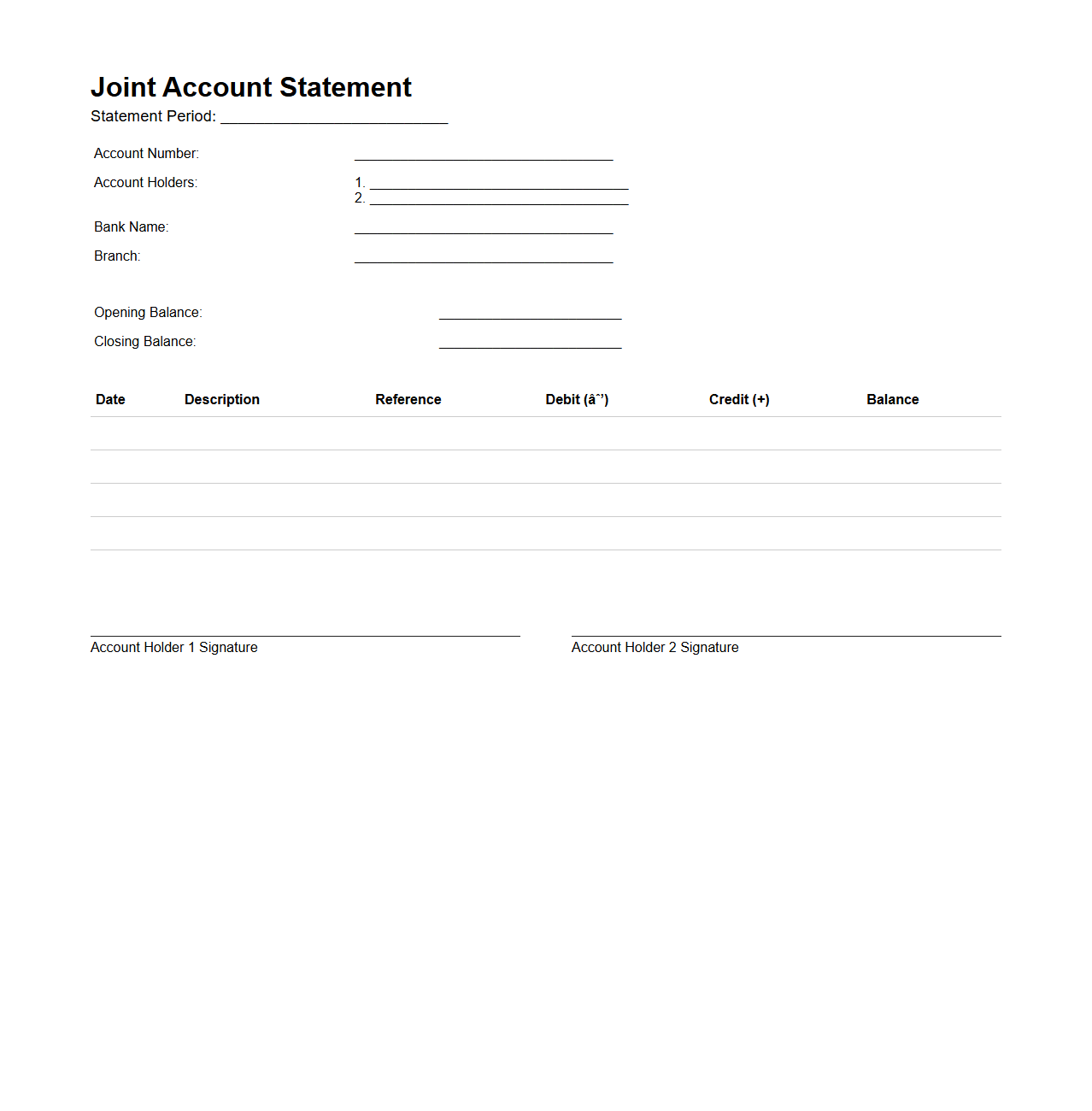 Blank Joint Account Statement Template for Shared Finance