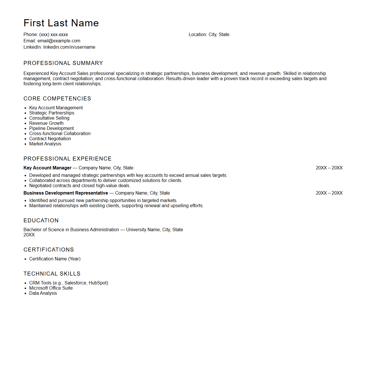Blank Key Account Sales Resume Template for Strategic Partnerships
