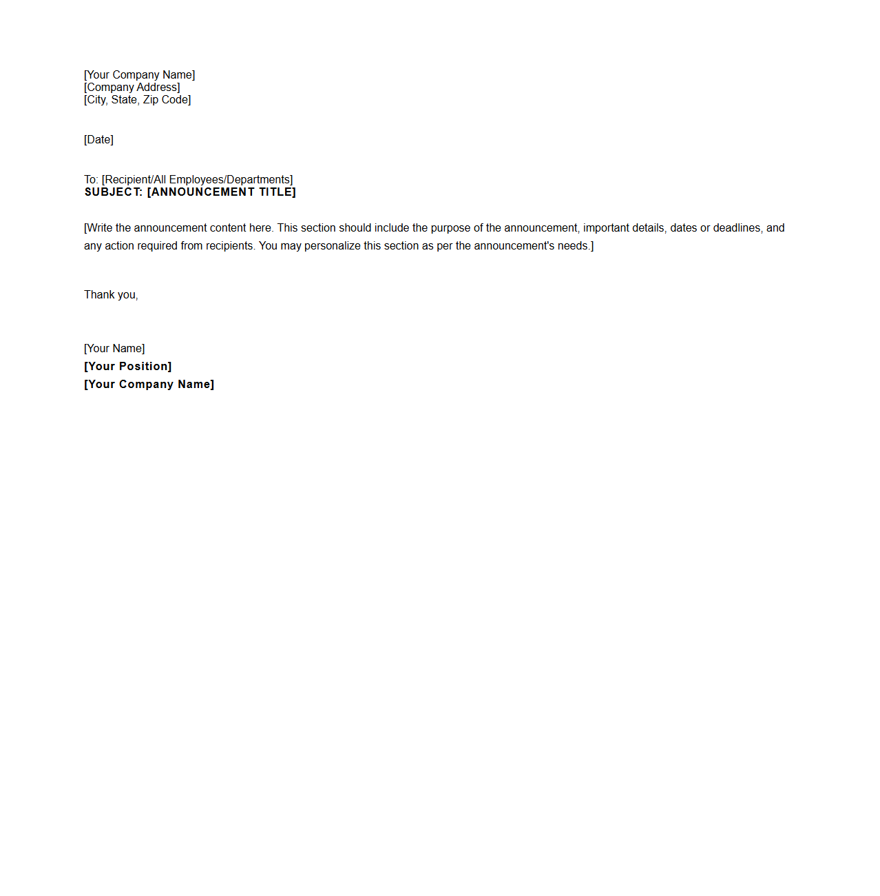 Blank Letter Example for Company Announcements