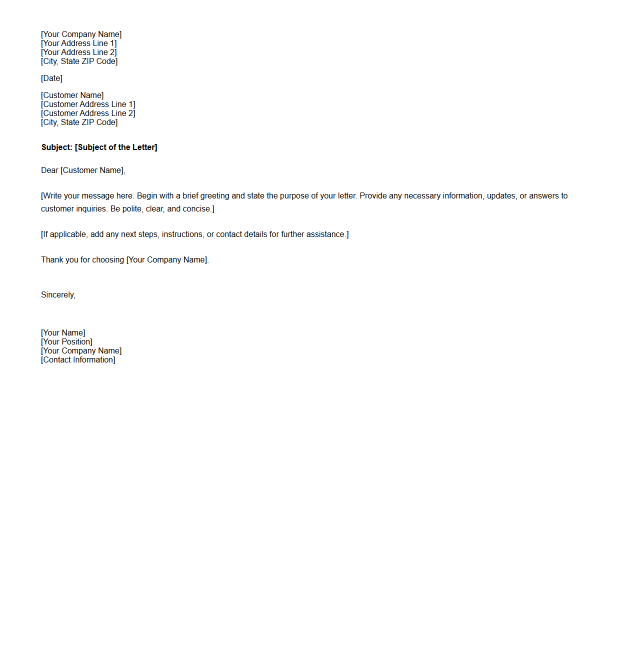 Blank Letter Format for Customer Support Communication