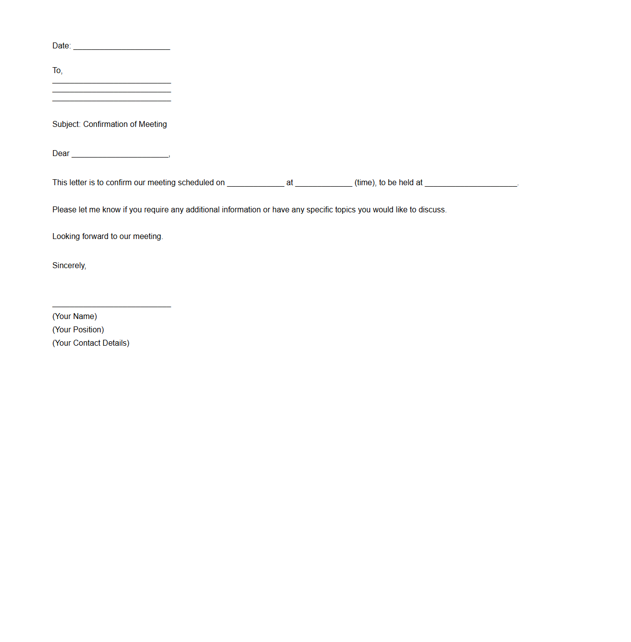 Blank Letter Template for Confirmation of Meeting