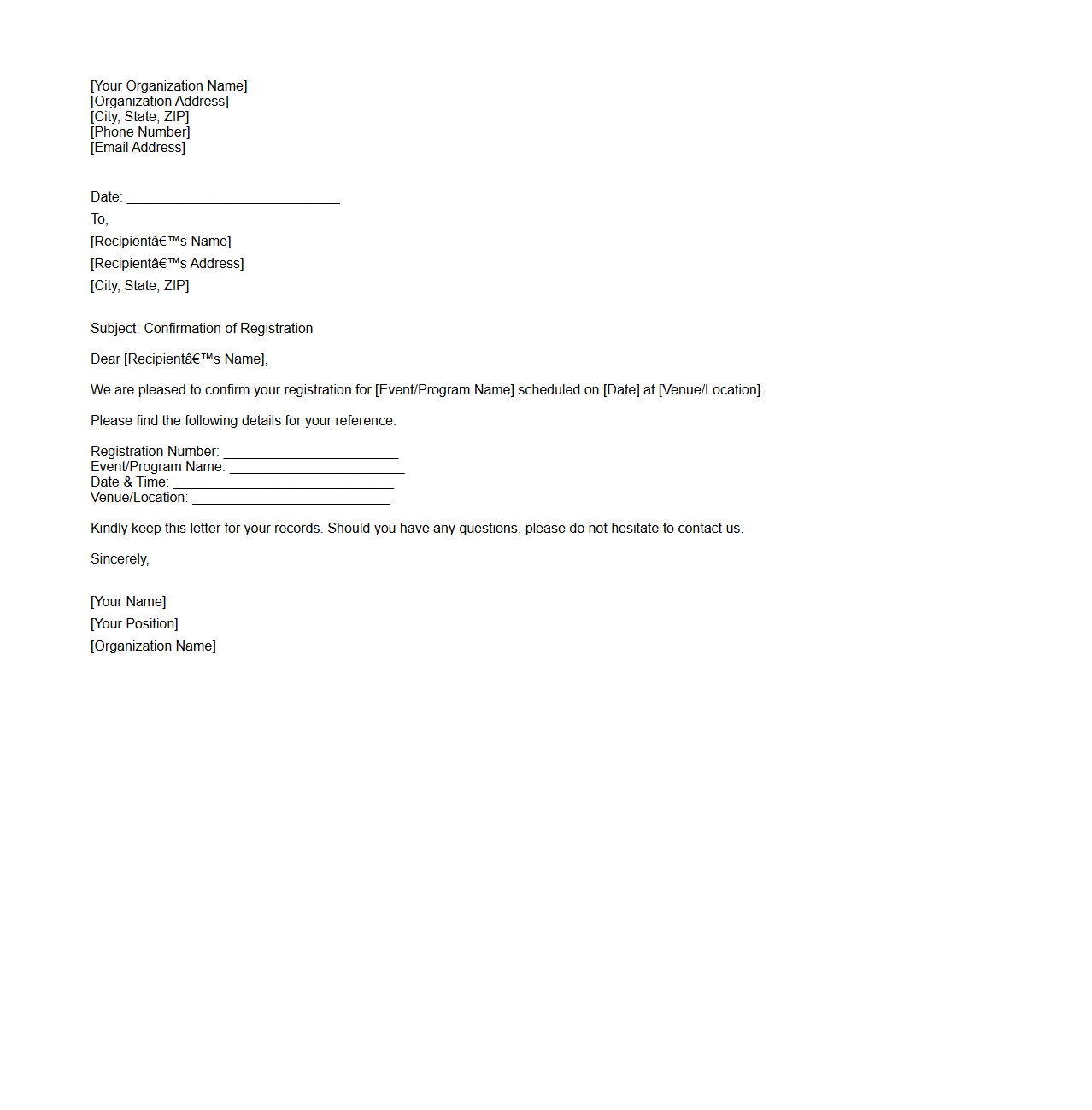 Blank Letter Template for Confirmation of Registration