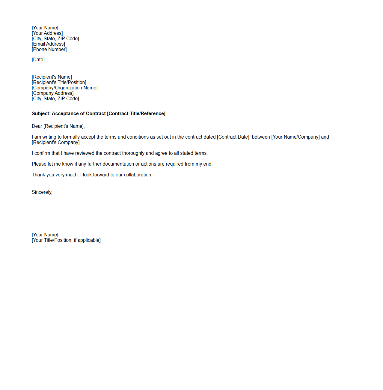 Blank Letter Template for Contract Acceptance