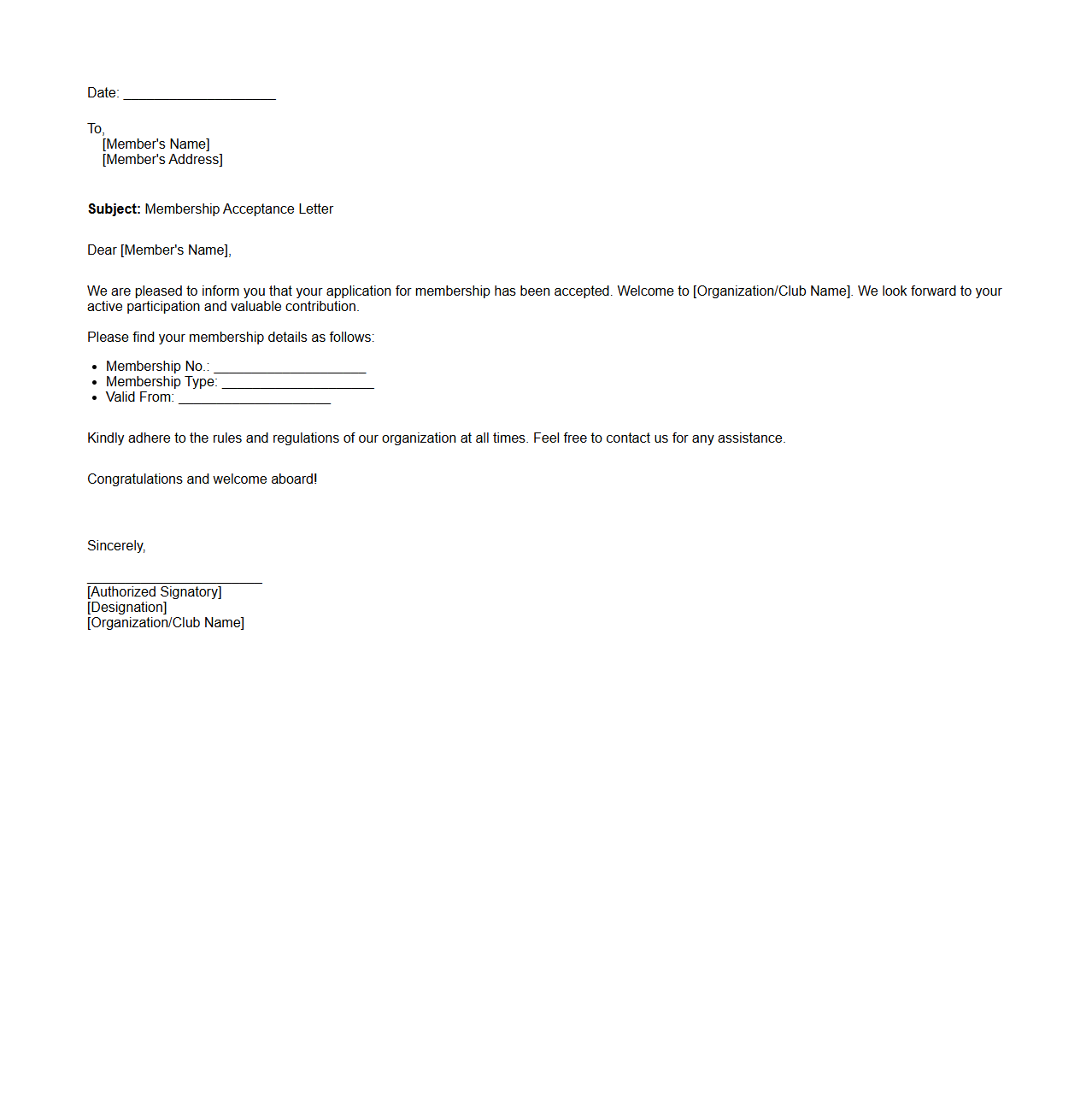 Blank Letter Template for Membership Acceptance