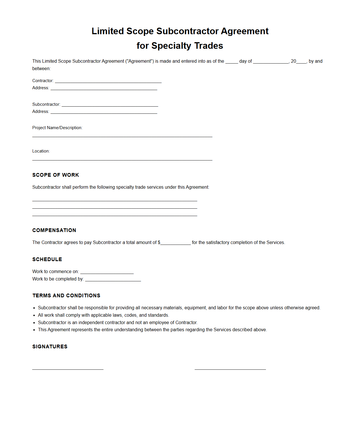 Blank Limited Scope Subcontractor Agreement for Specialty Trades