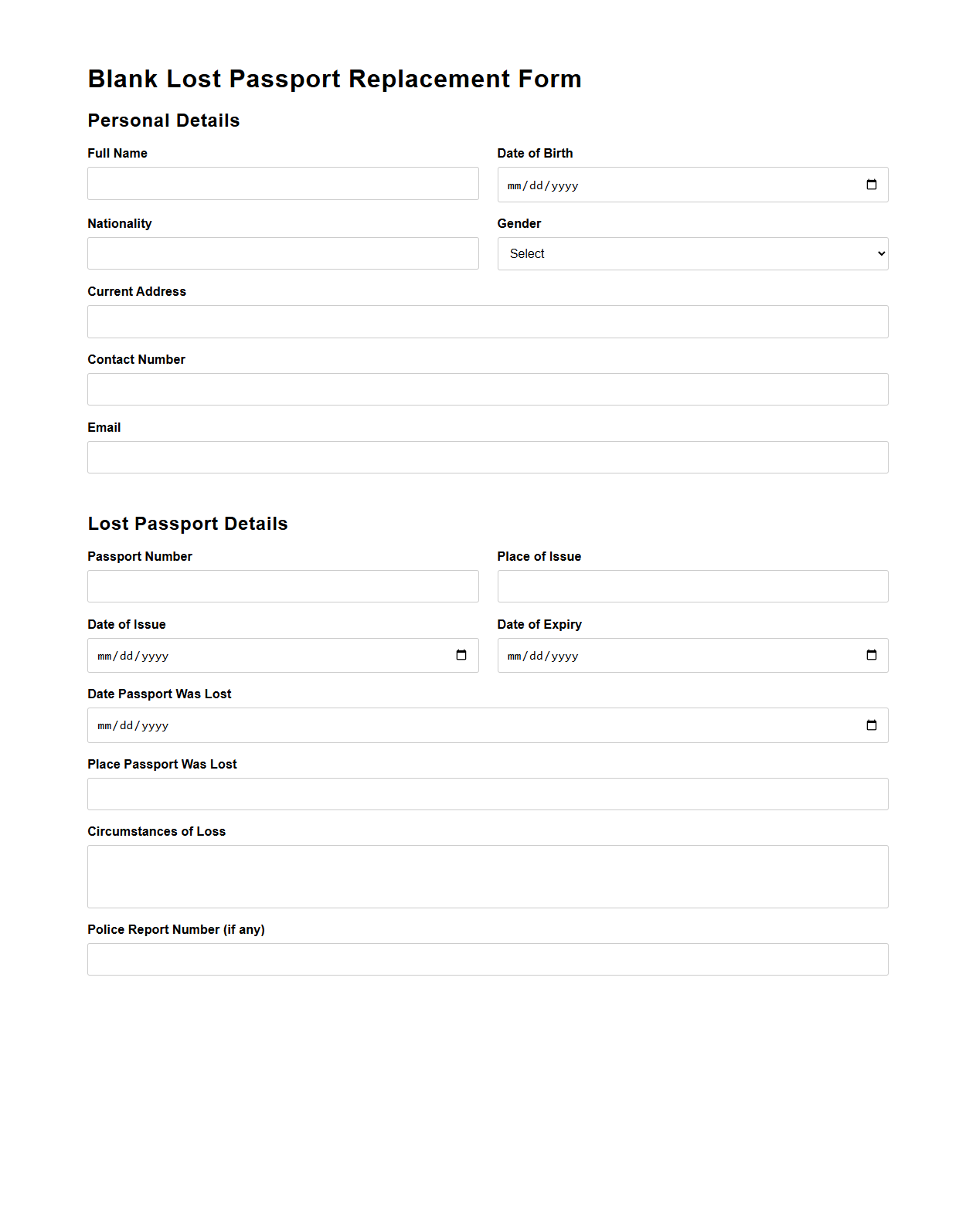 Blank Lost Passport Replacement Form Template
