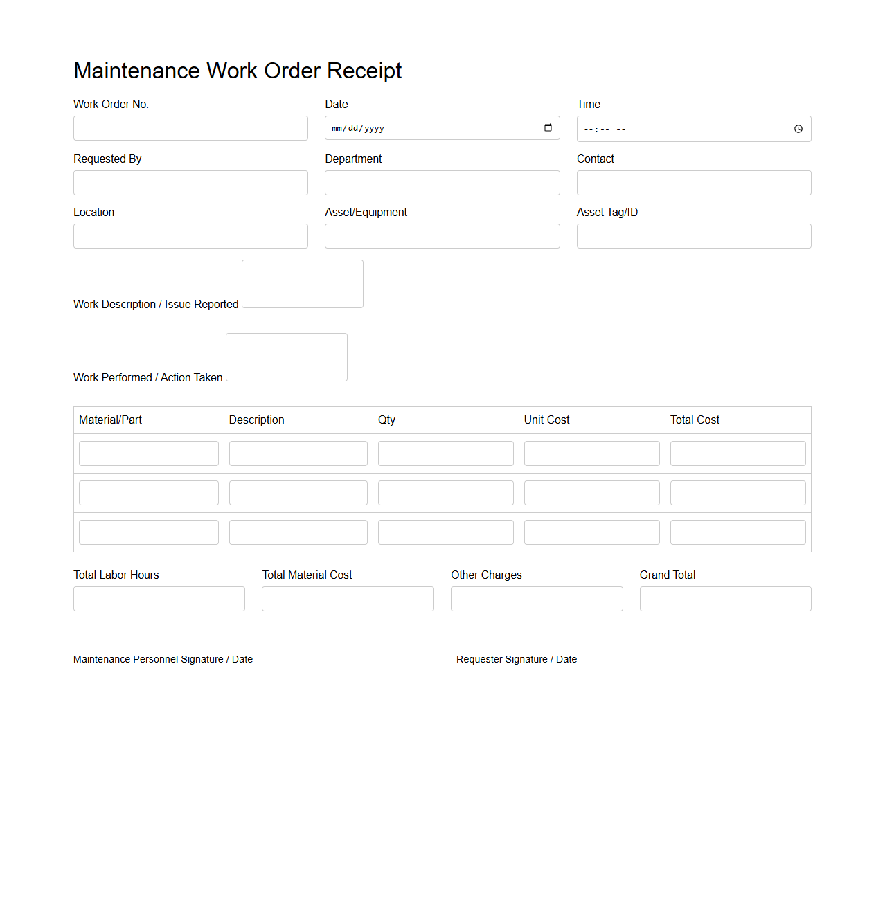 Blank Maintenance Work Order Receipt Template