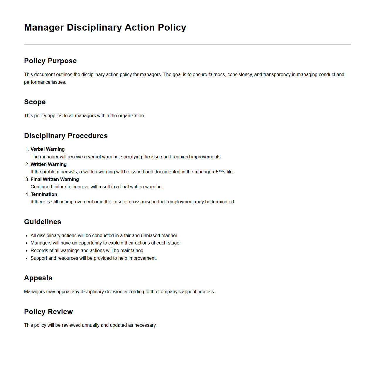 Blank Manager Disciplinary Action Policy Example