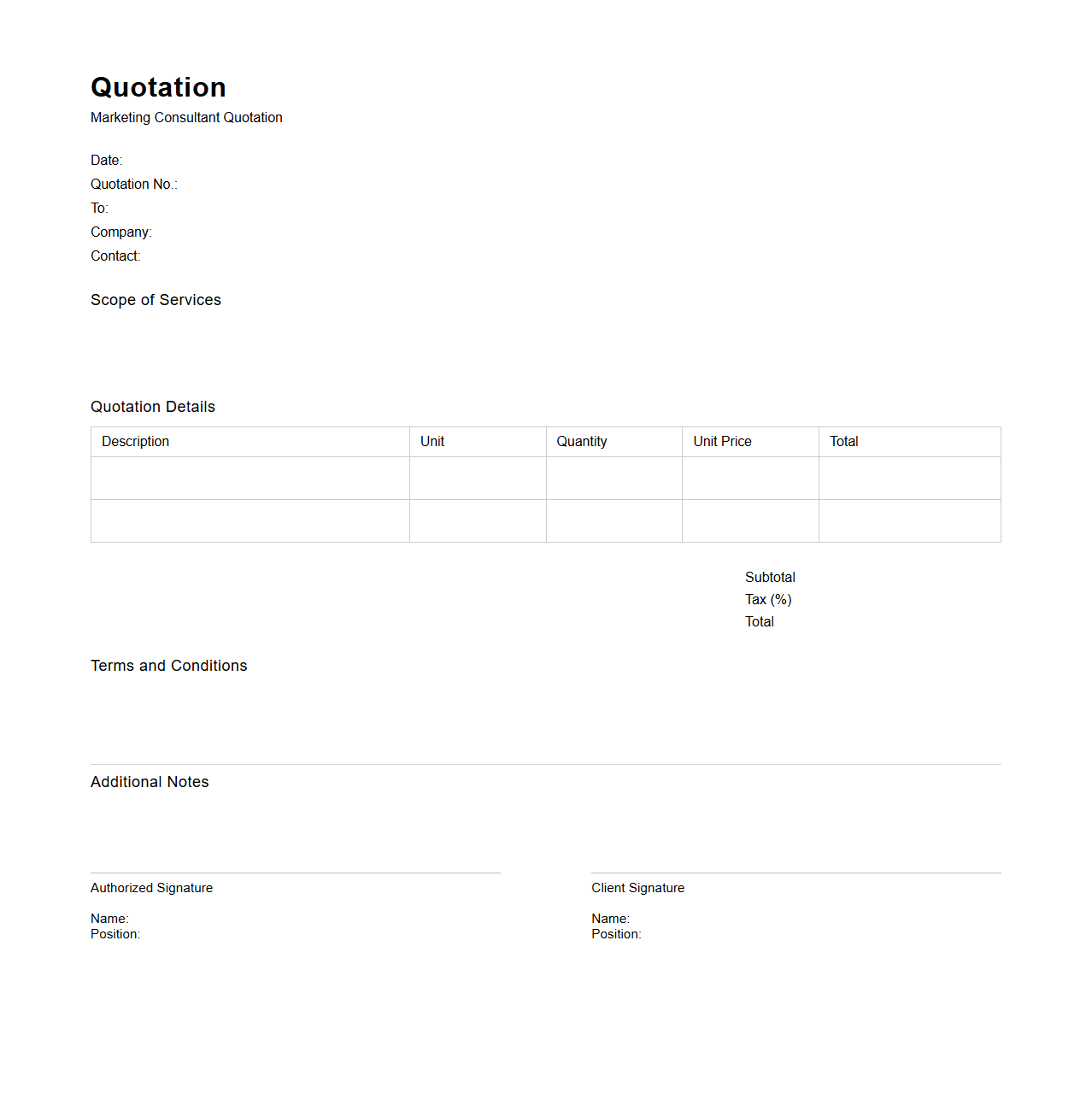 Blank Marketing Consultant Quotation Layout