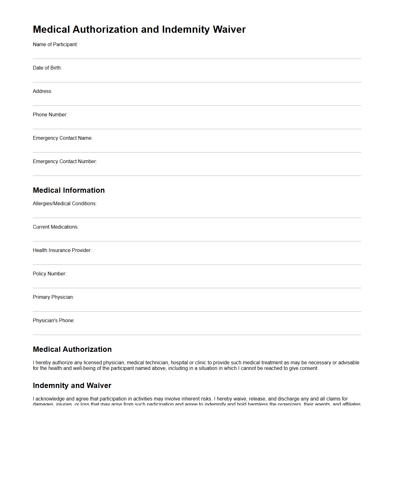 Blank Medical Authorization and Indemnity Waiver
