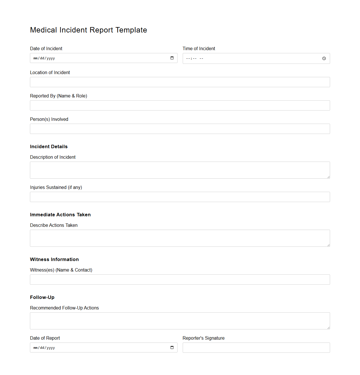 Blank Medical Incident Report Template
