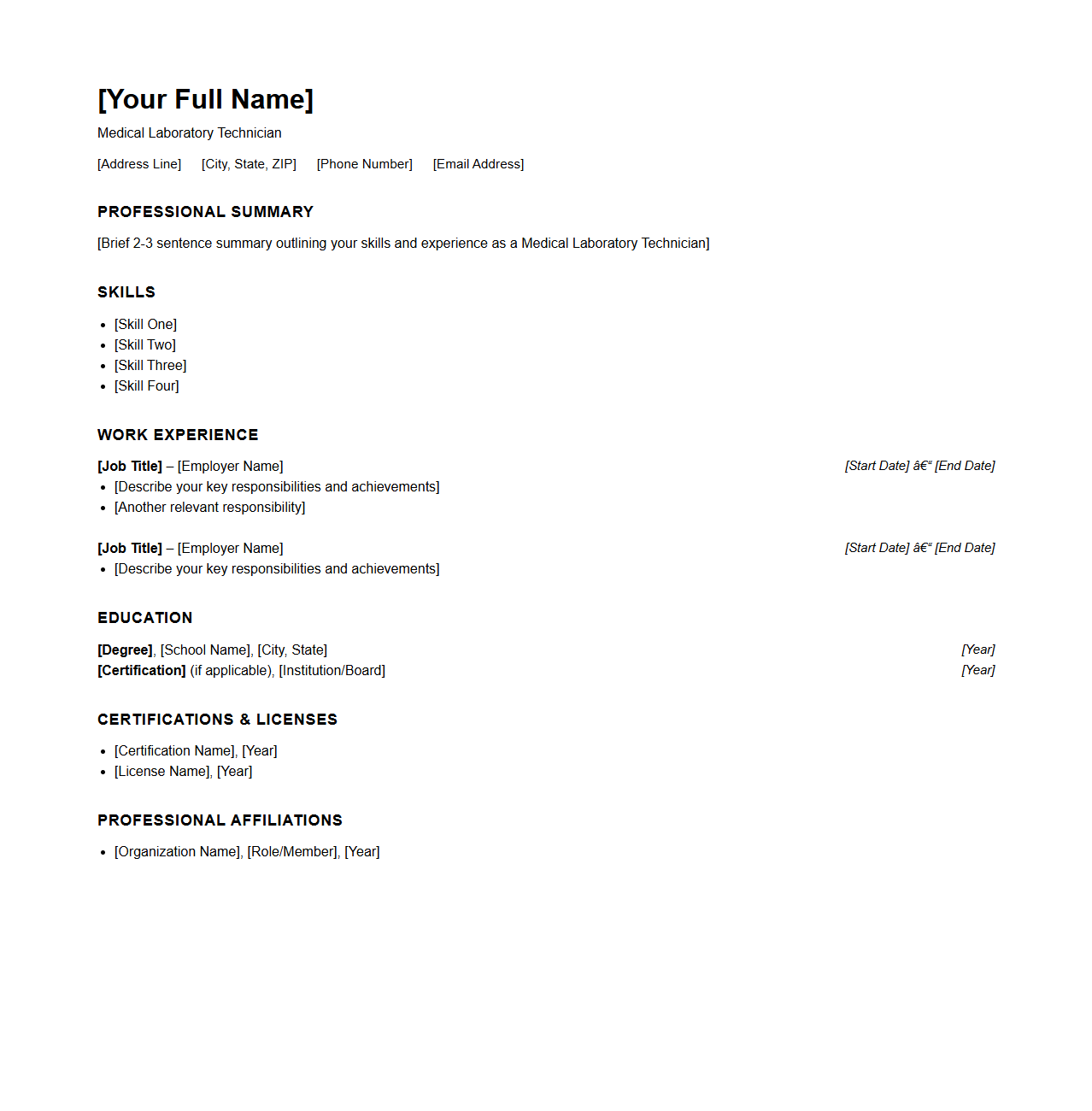 Blank Medical Laboratory Technician Resume Template