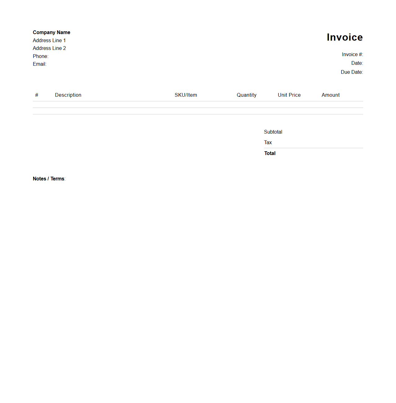 Blank Merchandise Invoice Layout