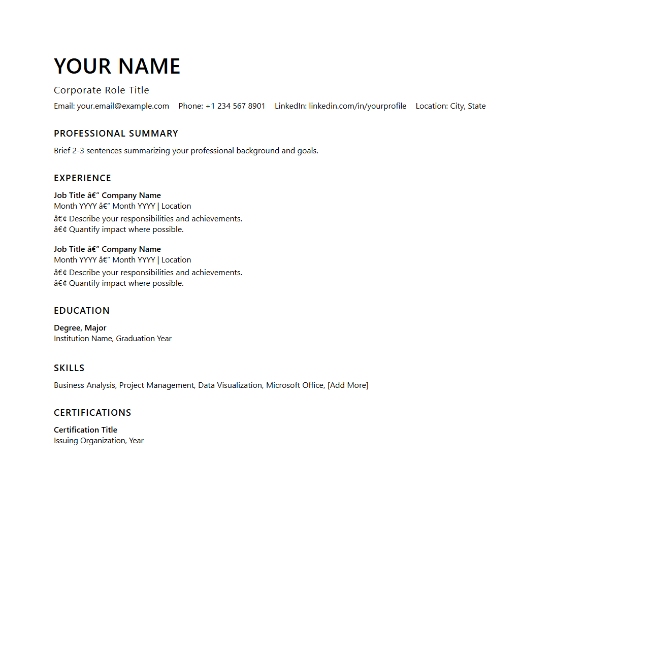 Blank Modern Resume Template for Corporate Roles