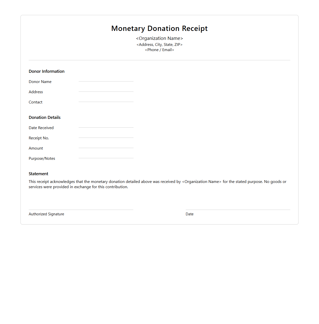 Blank Monetary Donation Receipt Design