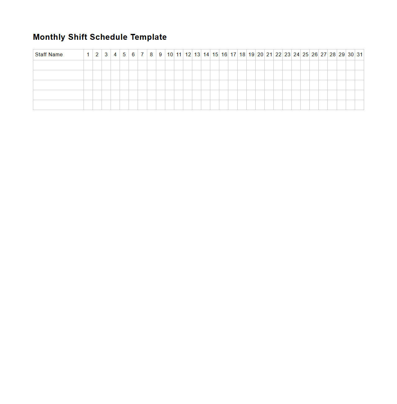 Blank Monthly Shift Schedule Template for Staff Allocation